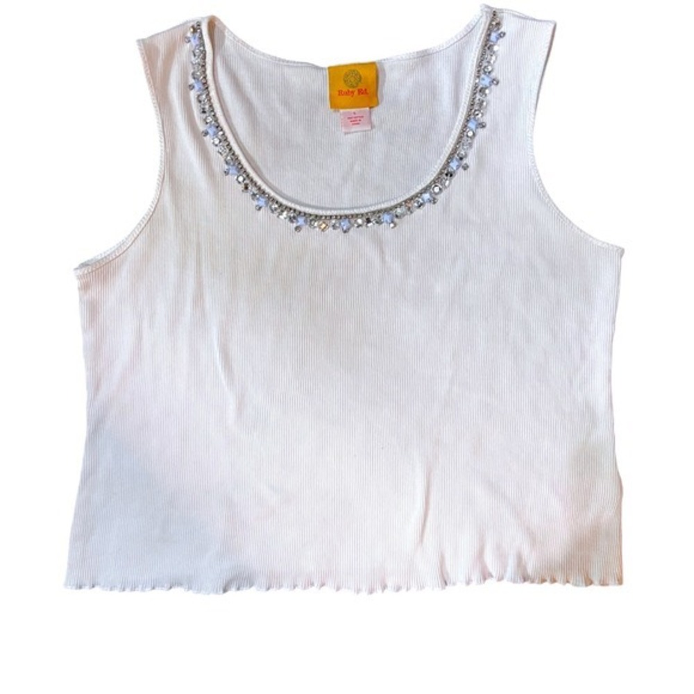 Minimalist Embellished Tank Top Sleeveless Ribbed Knit Casual White Size‎ L